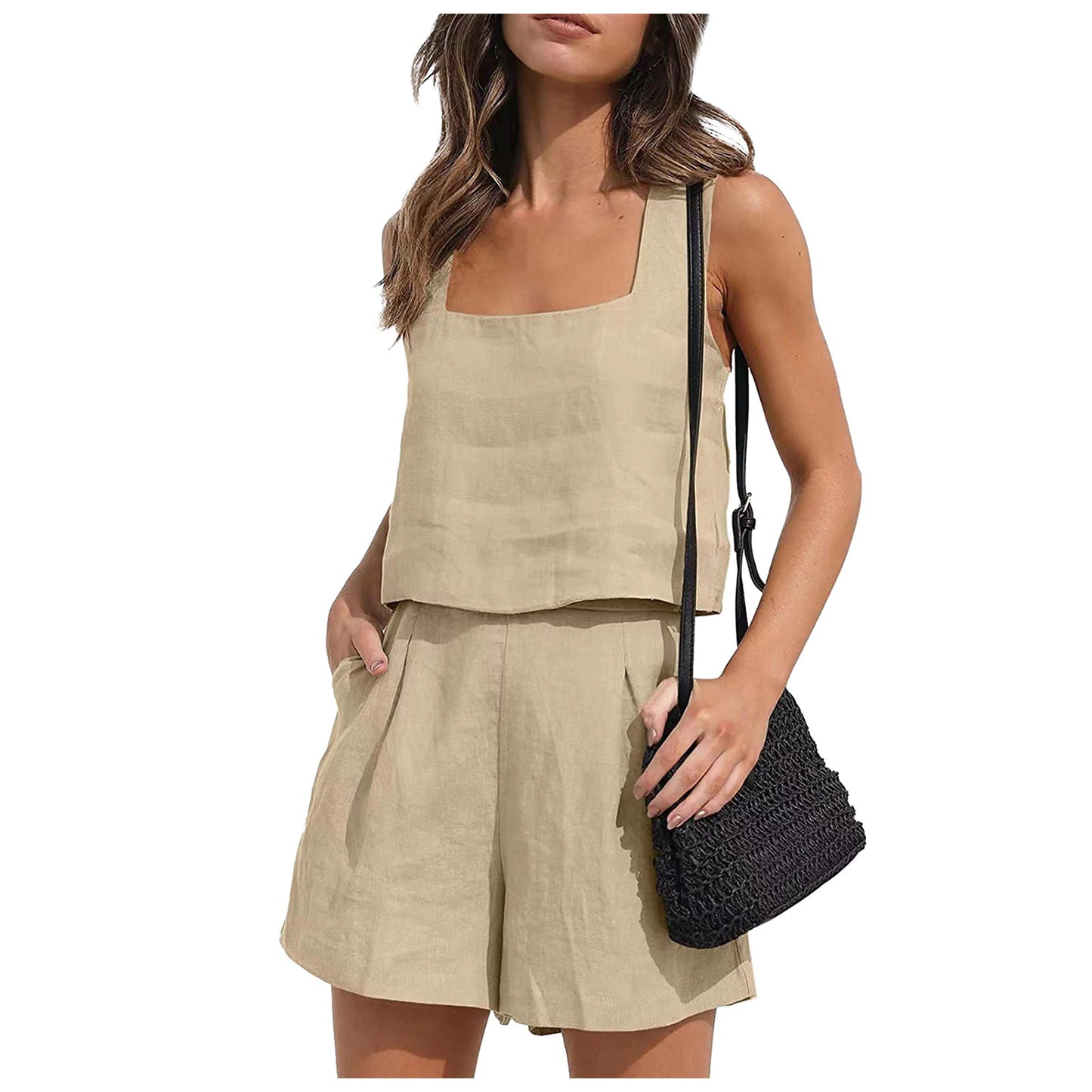 Women Solid Color Casual Shorts Pockets Two Piece Lounge Sets