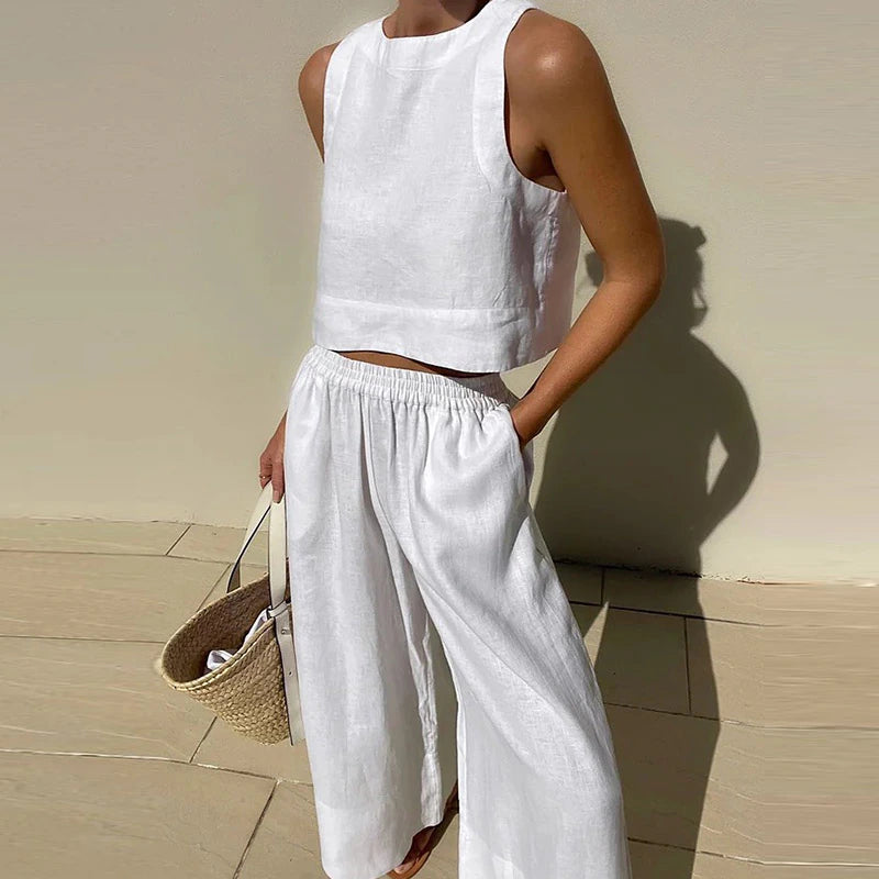 Two Piece Outfits Sleeveless Crop Tops Elastic Waist Wide Leg Pants Set