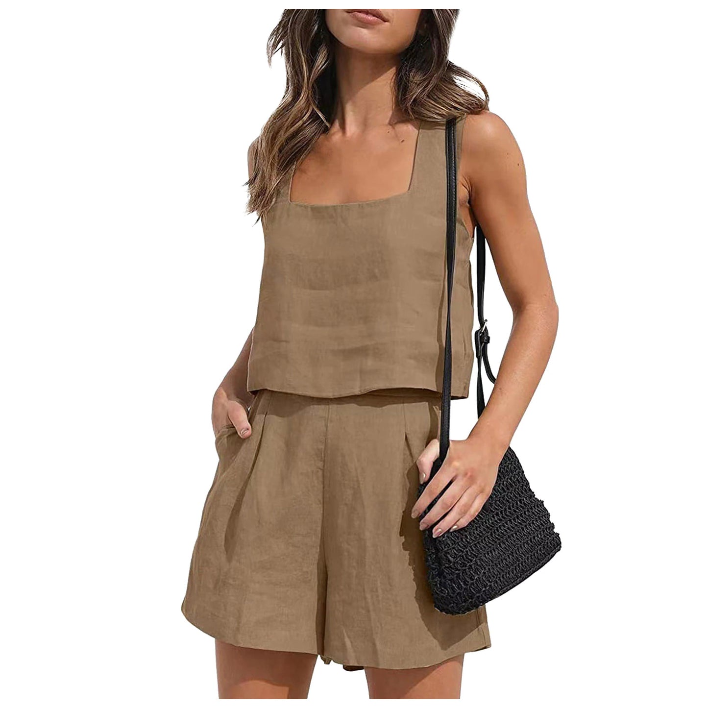 Women Solid Color Casual Shorts Pockets Two Piece Lounge Sets