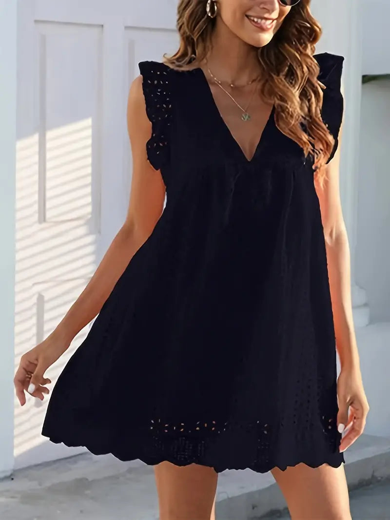 On This Week Sale OFF 50%🔥2023 Lace Contrast Ruffle Trapeze Dress, Cut Out V-neck Sleeveless Waist Summer Going Out Dresses