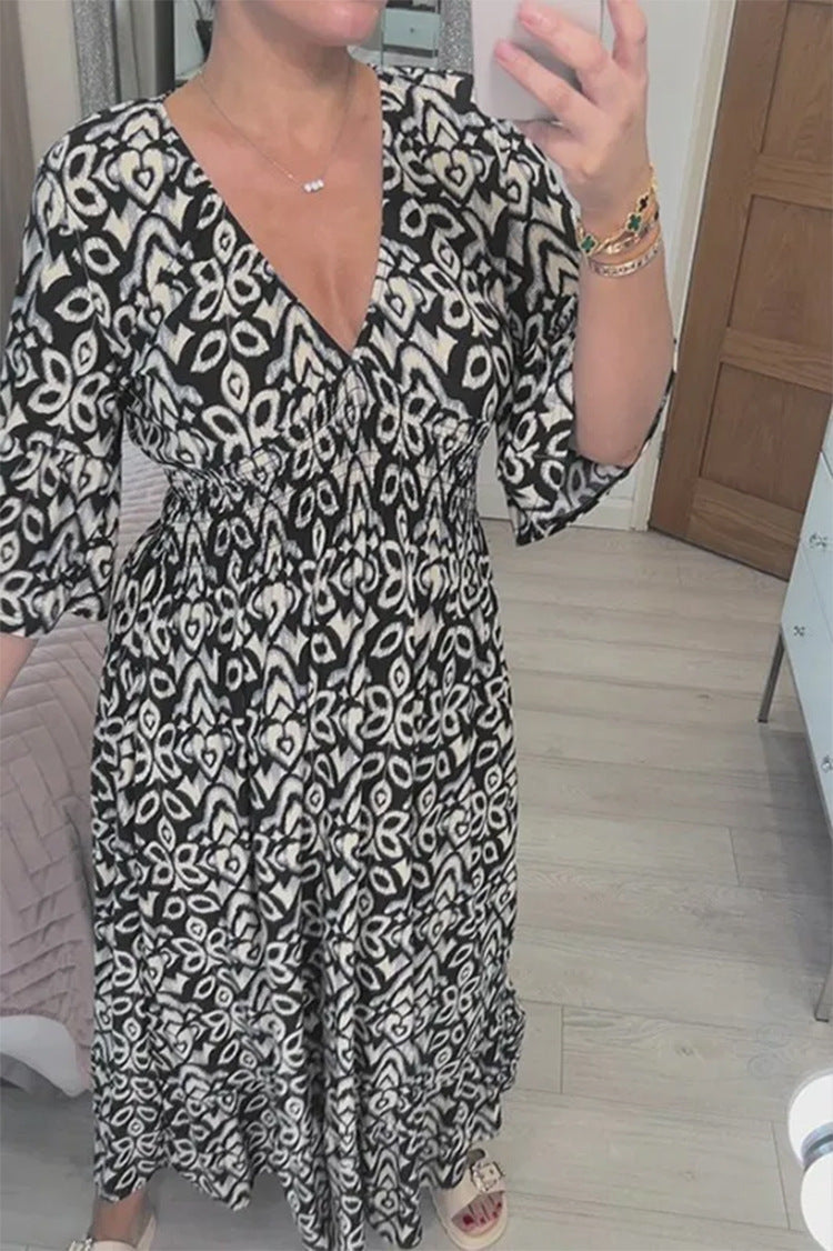 🔥LAST DAY 50% OFF🔥V-neck Floral Dress, Elastic Waist Loose Fit Casual Long Dress