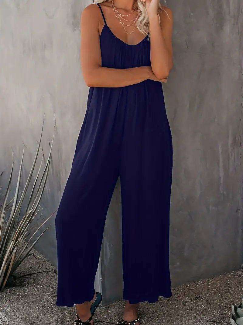 Women's Casual Boho Sleeveless Jumpsuit with Wide Legs and Ruched Design