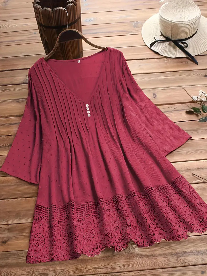 Elegant Plus Size Button Up Top - Cotton Linen Wave Trim Cut Out