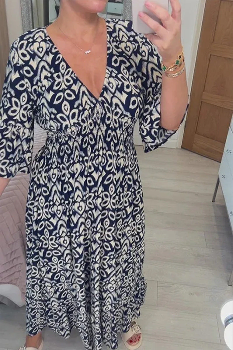 🔥LAST DAY 50% OFF🔥V-neck Floral Dress, Elastic Waist Loose Fit Casual Long Dress