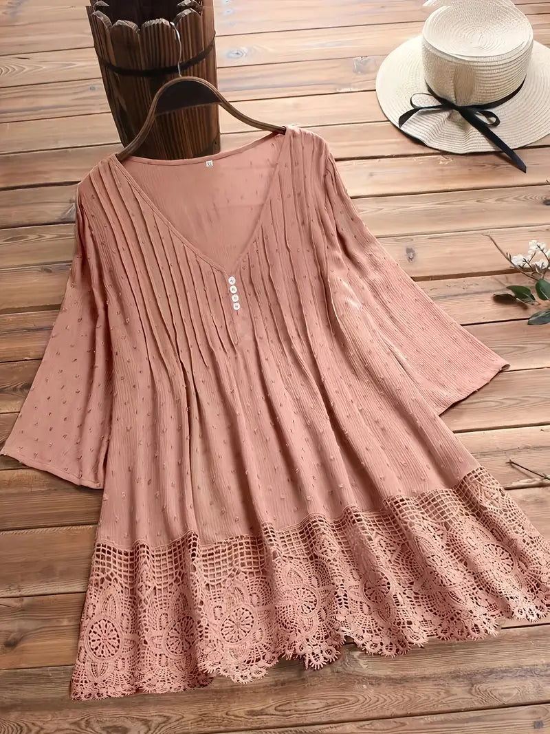 Elegant Plus Size Button Up Top - Cotton Linen Wave Trim Cut Out