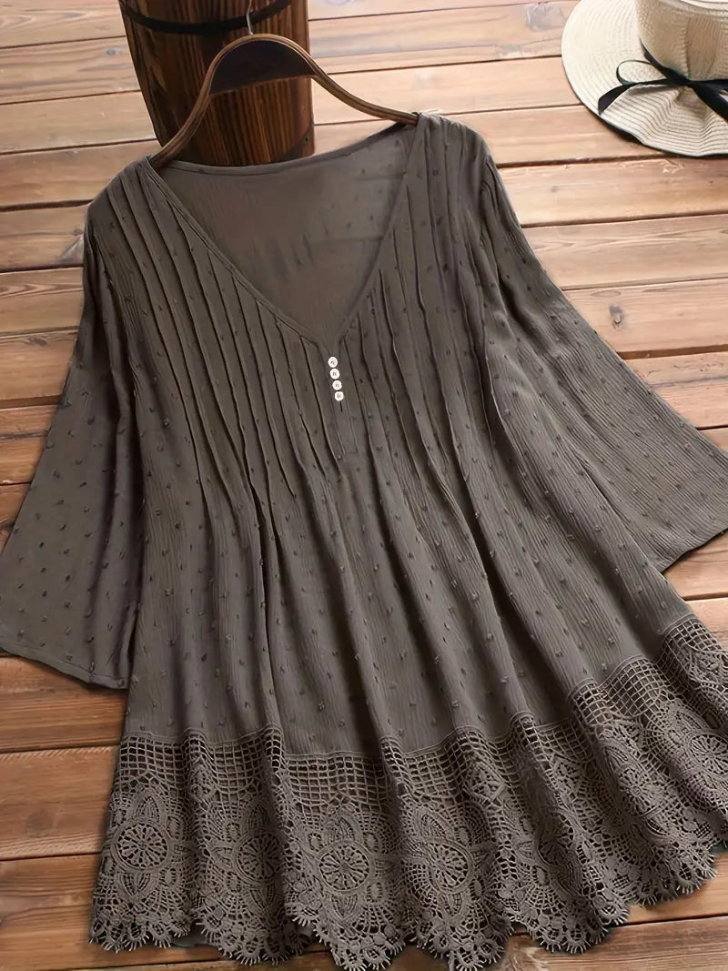 Elegant Plus Size Button Up Top - Cotton Linen Wave Trim Cut Out