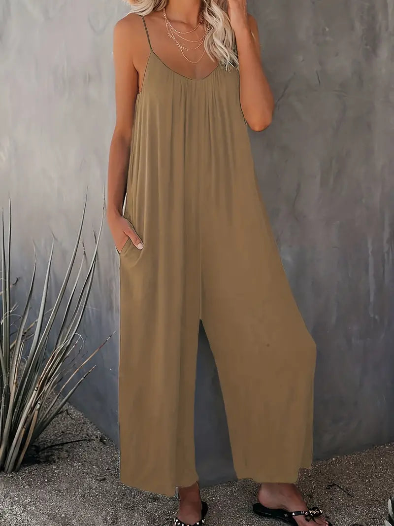 Women's Casual Boho Sleeveless Jumpsuit with Wide Legs and Ruched Design