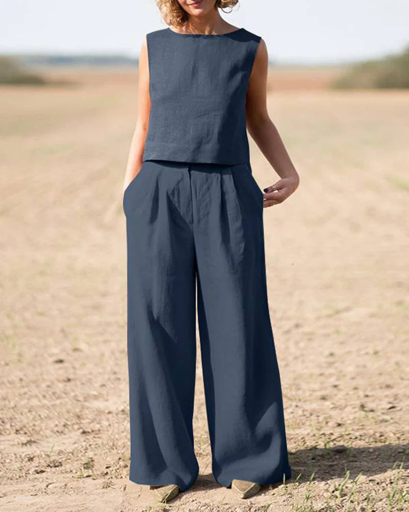 Women's Sleeveless Tank Top and Wide Leg Pants Set for a Casual Look