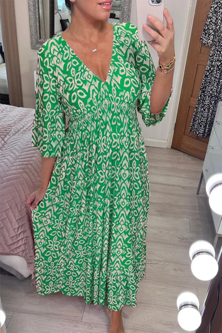 🔥LAST DAY 50% OFF🔥V-neck Floral Dress, Elastic Waist Loose Fit Casual Long Dress