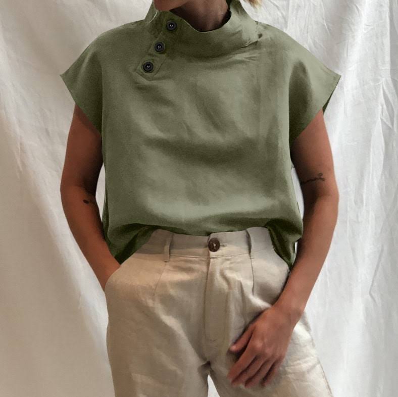 Spring & Summer Ready: Short Sleeve Mock Neck Blouse - Solid Color