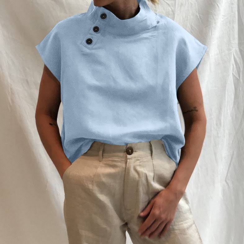 Spring & Summer Ready: Short Sleeve Mock Neck Blouse - Solid Color