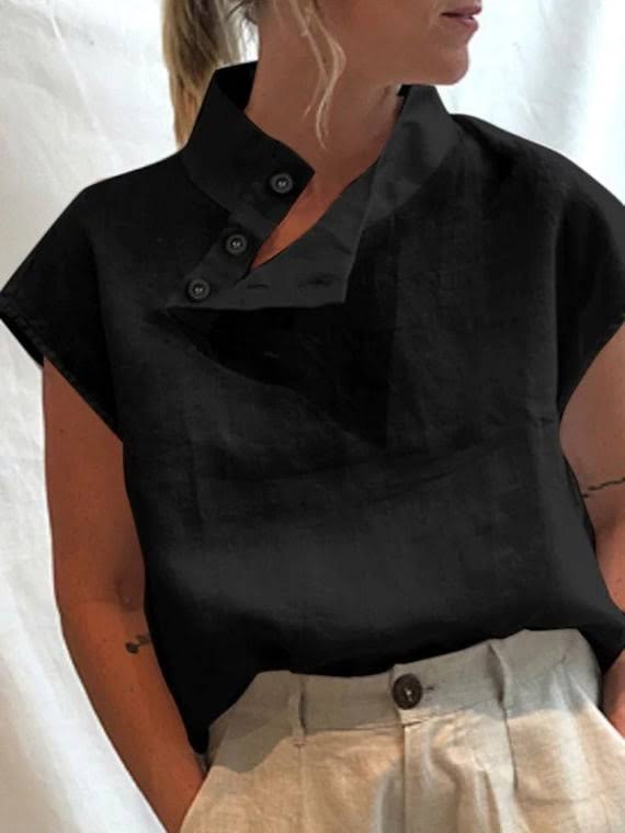 Spring & Summer Ready: Short Sleeve Mock Neck Blouse - Solid Color