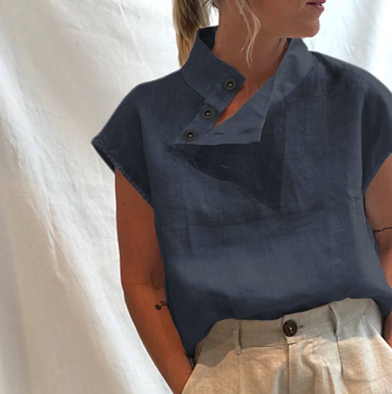 Spring & Summer Ready: Short Sleeve Mock Neck Blouse - Solid Color
