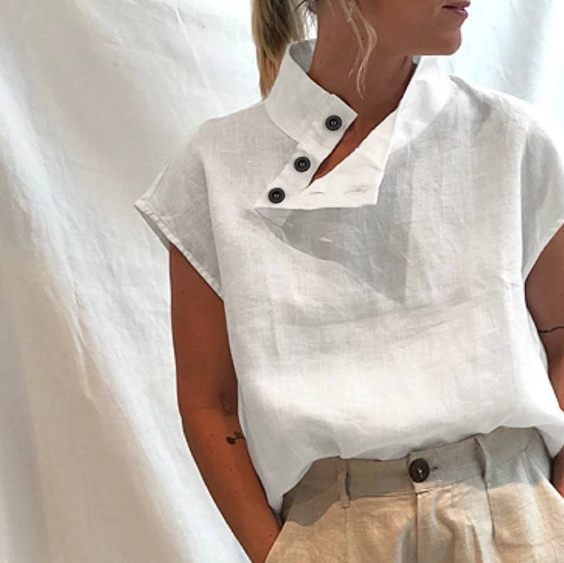 Spring & Summer Ready: Short Sleeve Mock Neck Blouse - Solid Color