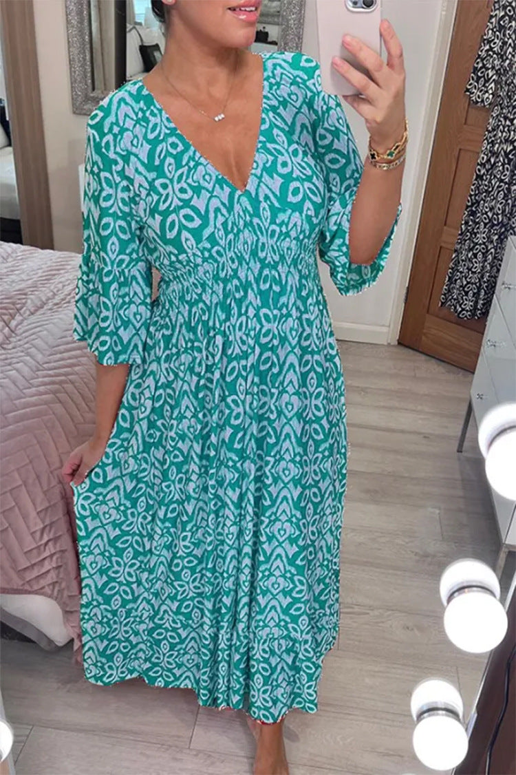 🔥LAST DAY 50% OFF🔥V-neck Floral Dress, Elastic Waist Loose Fit Casual Long Dress