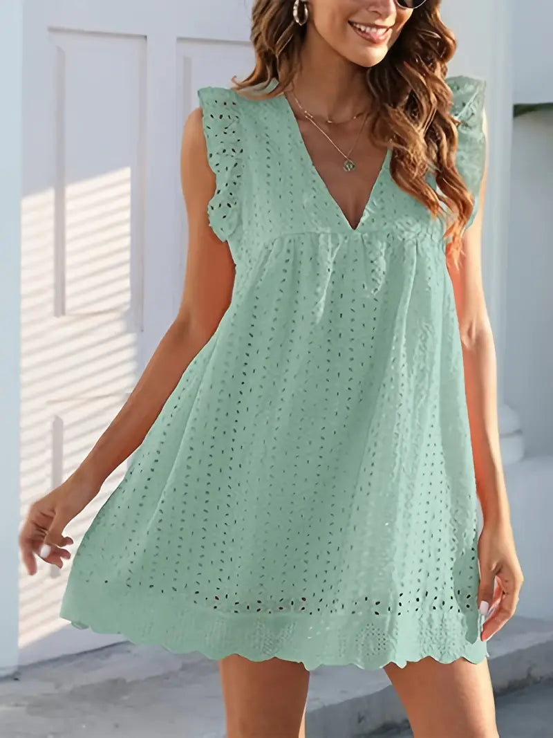 On This Week Sale OFF 50%🔥2023 Lace Contrast Ruffle Trapeze Dress, Cut Out V-neck Sleeveless Waist Summer Going Out Dresses