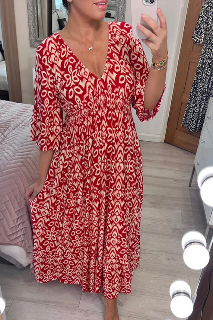🔥LAST DAY 50% OFF🔥V-neck Floral Dress, Elastic Waist Loose Fit Casual Long Dress