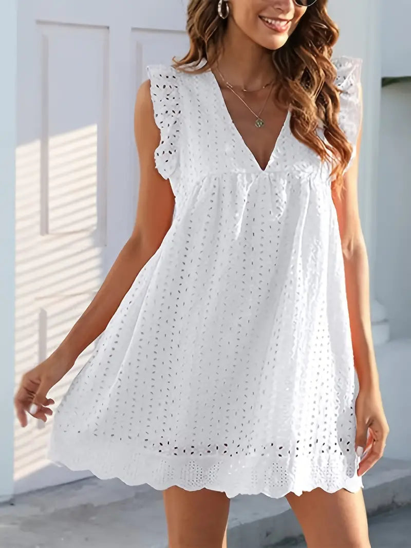 On This Week Sale OFF 50%🔥2023 Lace Contrast Ruffle Trapeze Dress, Cut Out V-neck Sleeveless Waist Summer Going Out Dresses