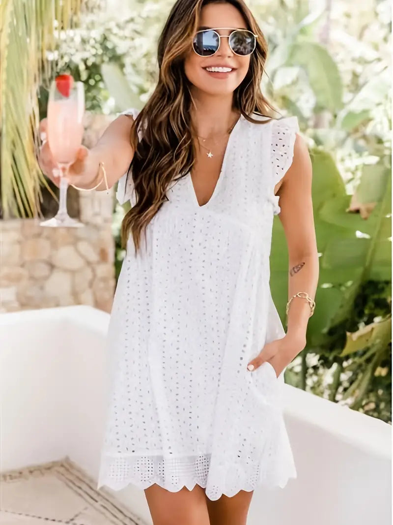 On This Week Sale OFF 50%🔥2023 Lace Contrast Ruffle Trapeze Dress, Cut Out V-neck Sleeveless Waist Summer Going Out Dresses