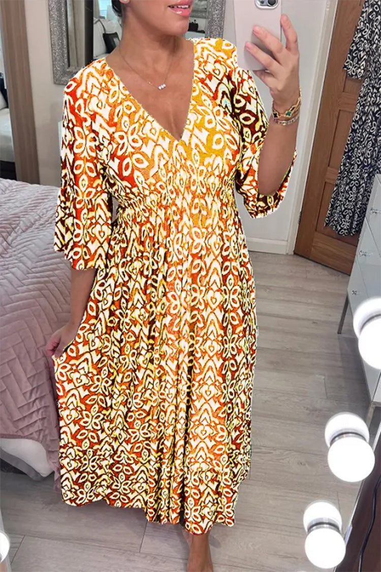 🔥LAST DAY 50% OFF🔥V-neck Floral Dress, Elastic Waist Loose Fit Casual Long Dress
