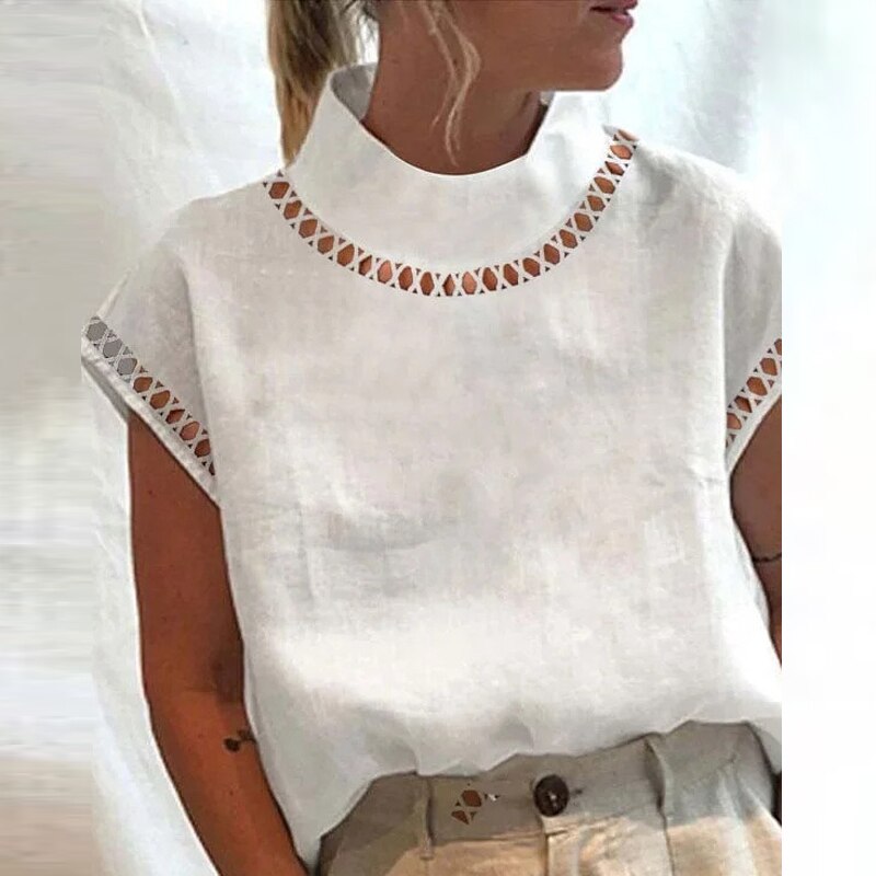 Solid Hollow Stand Collar T-Shirt, Casual Zipper Up Short Sleeve T-Shirt For Spring & Summer, Women's Clothing
