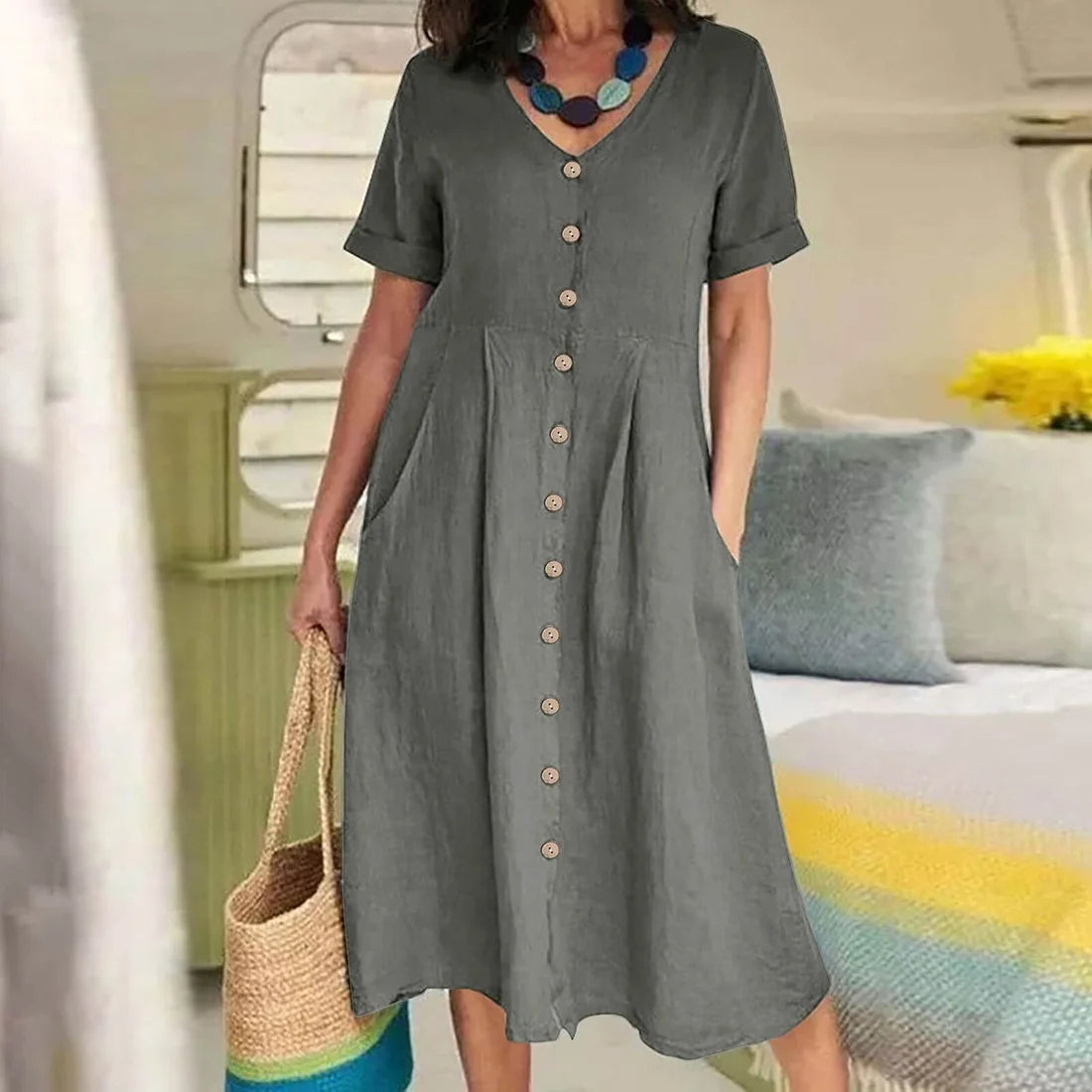 Solid Color Loose High Waist Cotton Linen Dress