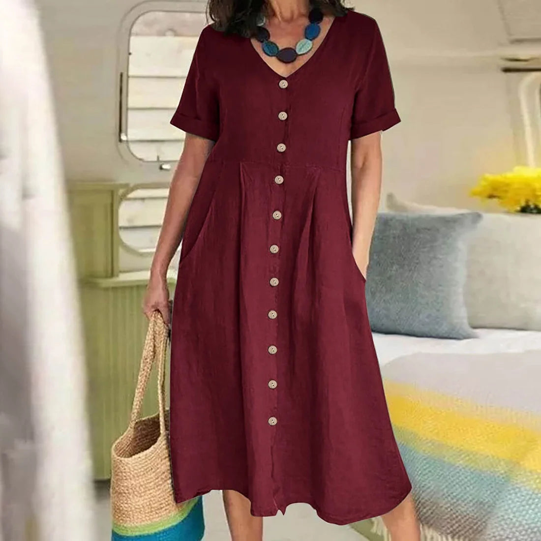 Solid Color Loose High Waist Cotton Linen Dress