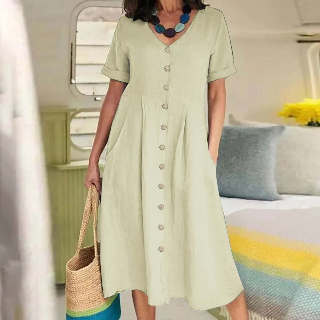 Solid Color Loose High Waist Cotton Linen Dress