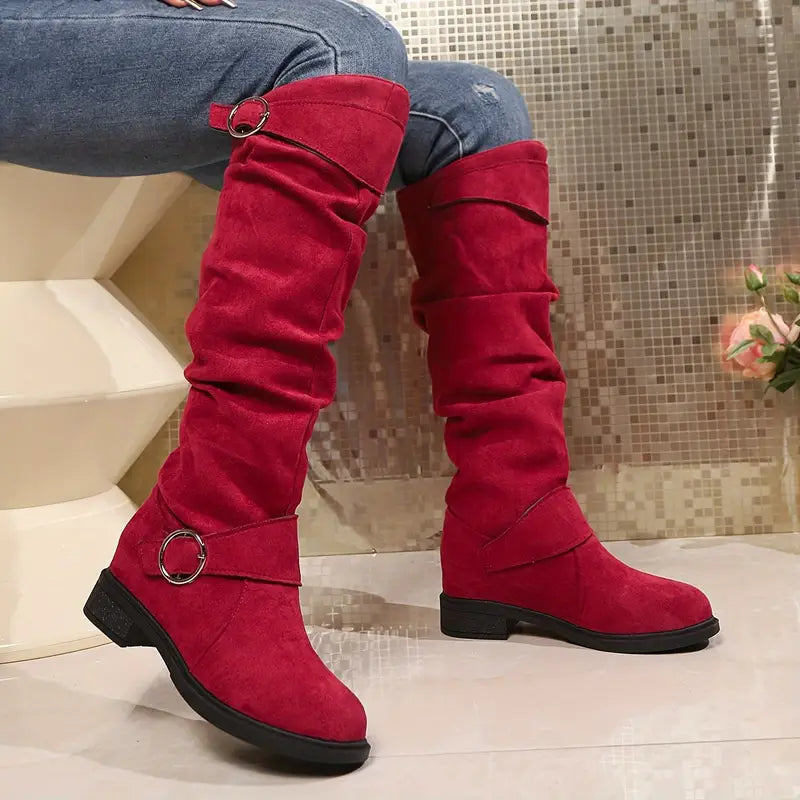 Women's Solid Color Trendy Boots, Buckle Belt Pull On Chunky Heel High Knee Boots