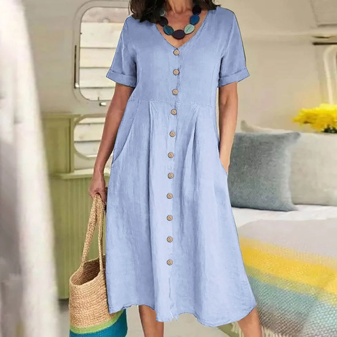 Solid Color Loose High Waist Cotton Linen Dress