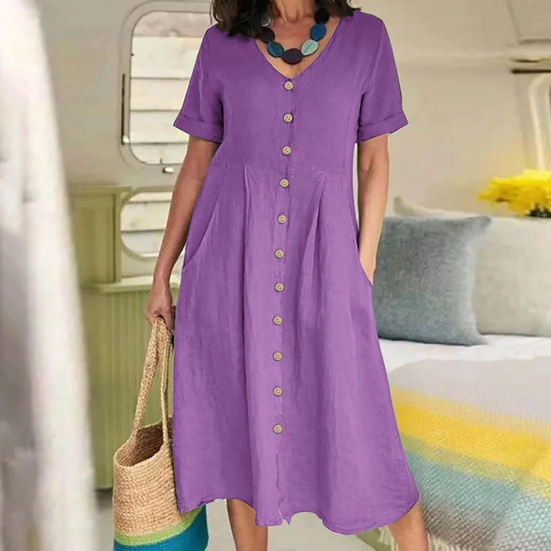 Solid Color Loose High Waist Cotton Linen Dress