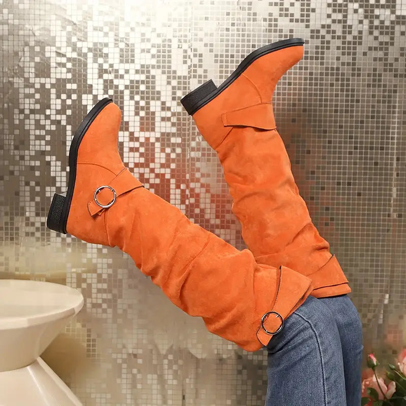 Women's Solid Color Trendy Boots, Buckle Belt Pull On Chunky Heel High Knee Boots