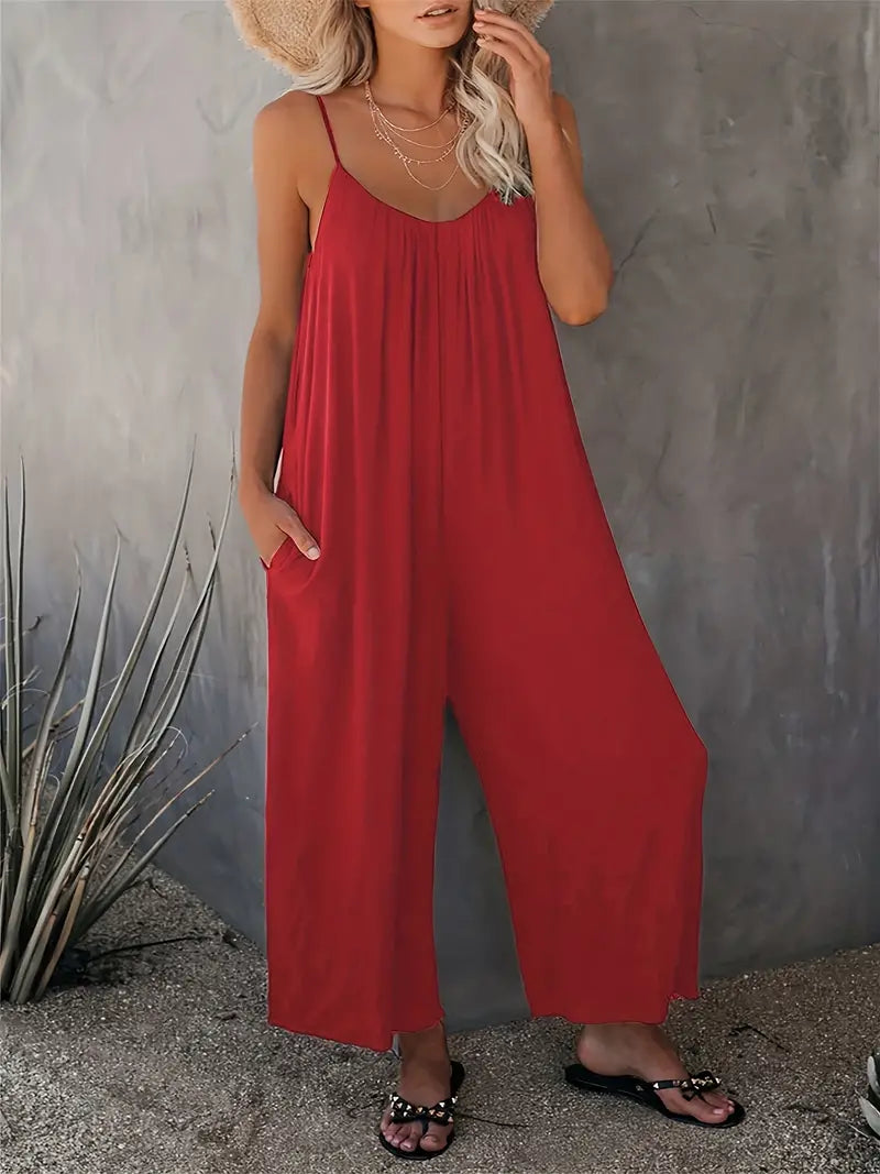 Women's Casual Boho Sleeveless Jumpsuit with Wide Legs and Ruched Design