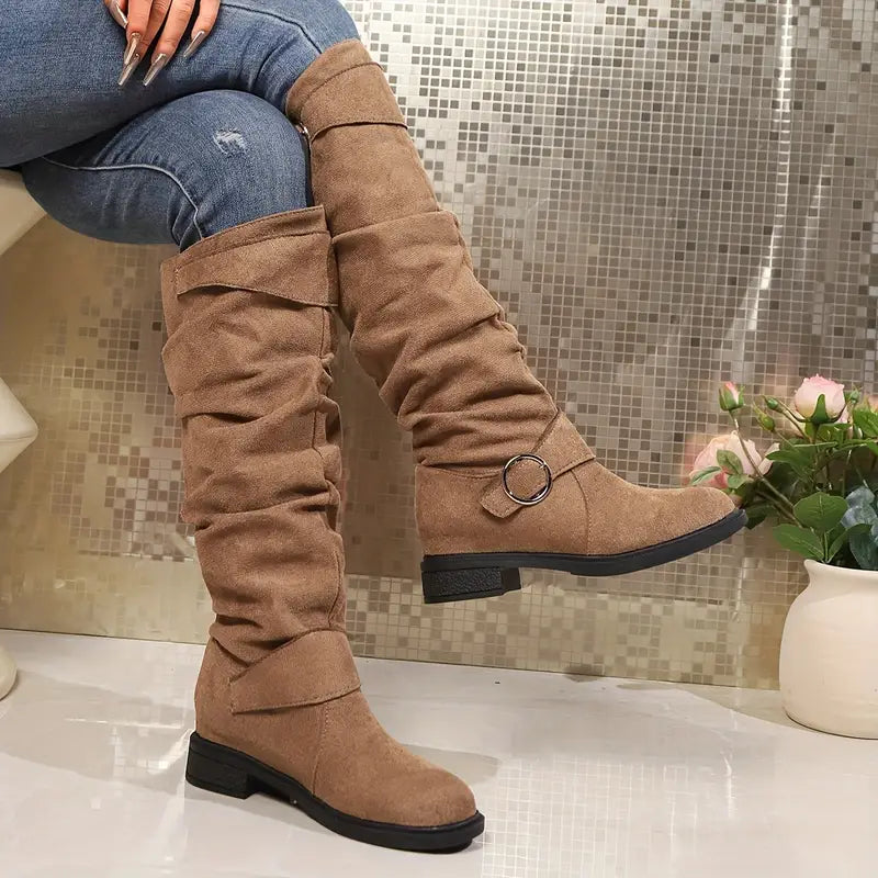 Women's Solid Color Trendy Boots, Buckle Belt Pull On Chunky Heel High Knee Boots