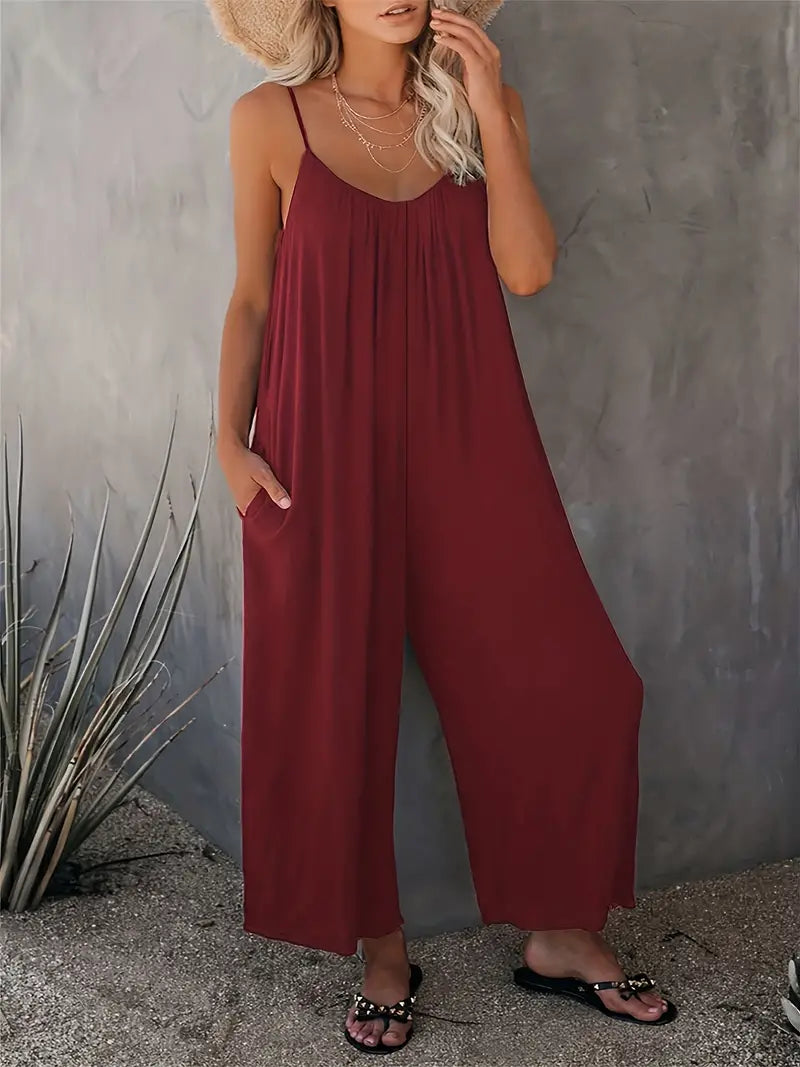 Women's Casual Boho Sleeveless Jumpsuit with Wide Legs and Ruched Design