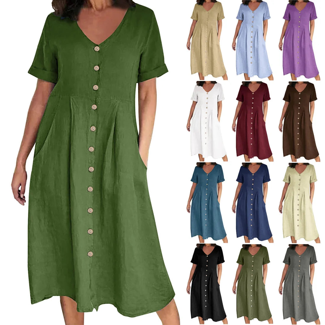 Solid Color Loose High Waist Cotton Linen Dress