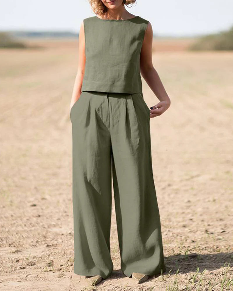 Women's Sleeveless Tank Top and Wide Leg Pants Set for a Casual Look
