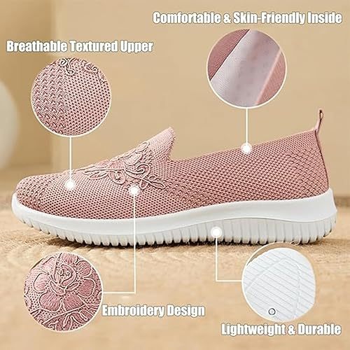 🔥Last Day 60% OFF-Women's Knitted Embroidery Sneakers,Lightweight Breathable Slip On Orthopedic Soft Sole Shoes