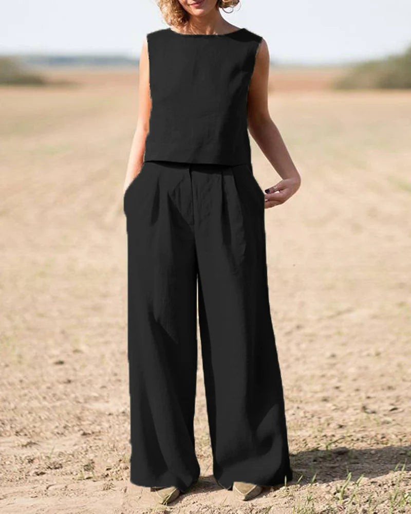Women's Sleeveless Tank Top and Wide Leg Pants Set for a Casual Look