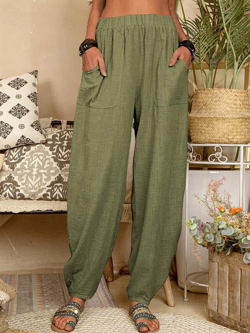 Spring & Summer Linen Harem Pants - Elastic Waistband with Pockets