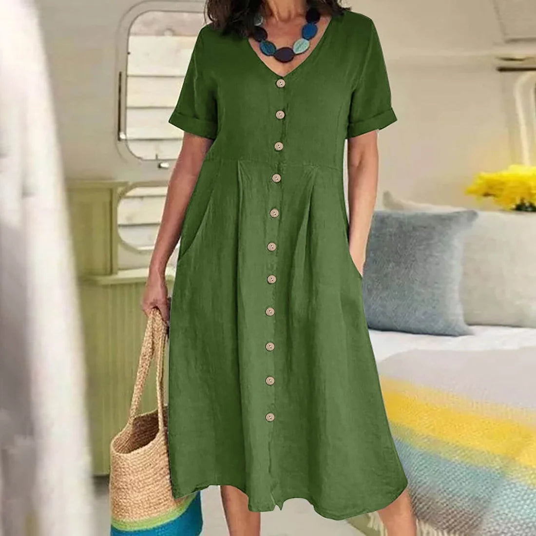 Solid Color Loose High Waist Cotton Linen Dress