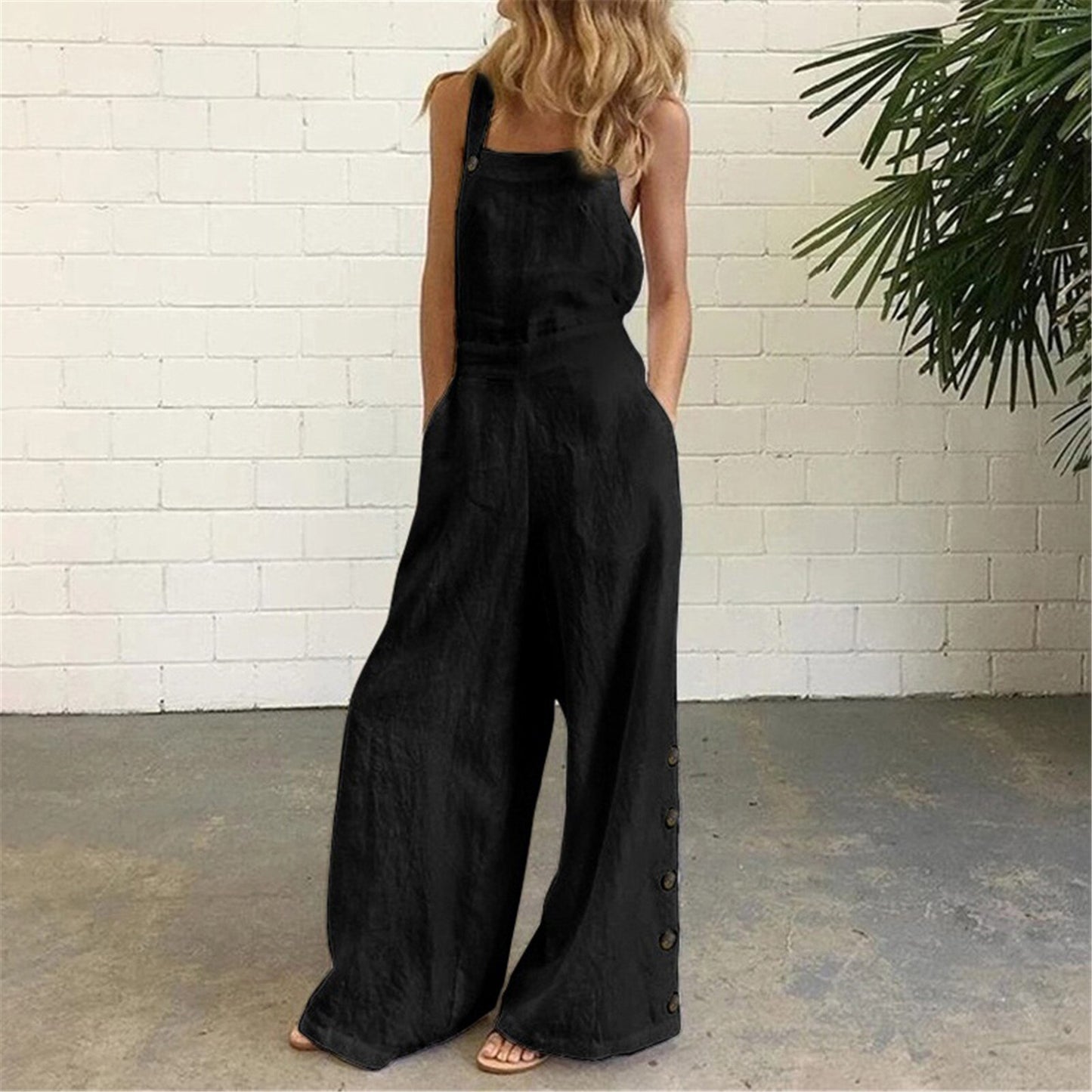 Sleeveless Overalls Jumpsuit Casual Solid Wide Leg Bib Pants Rompers