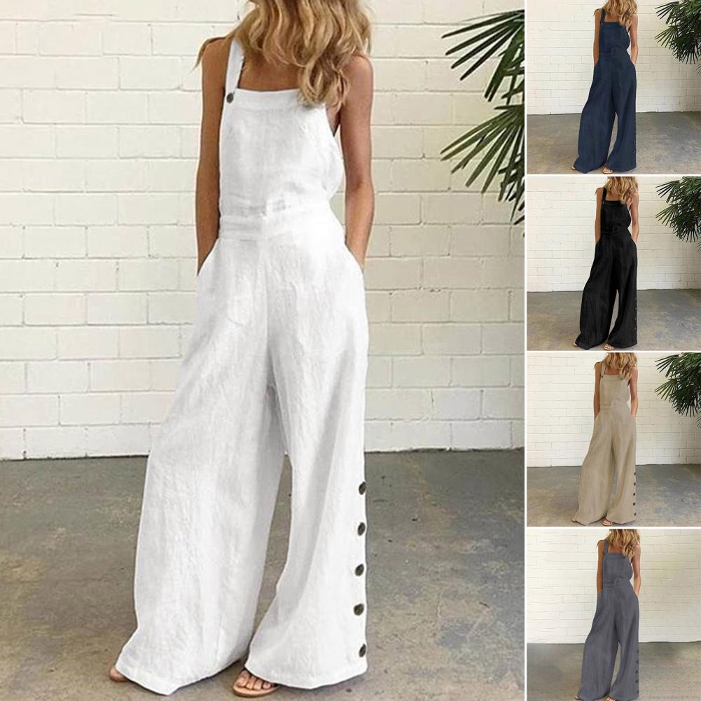 Sleeveless Overalls Jumpsuit Casual Solid Wide Leg Bib Pants Rompers