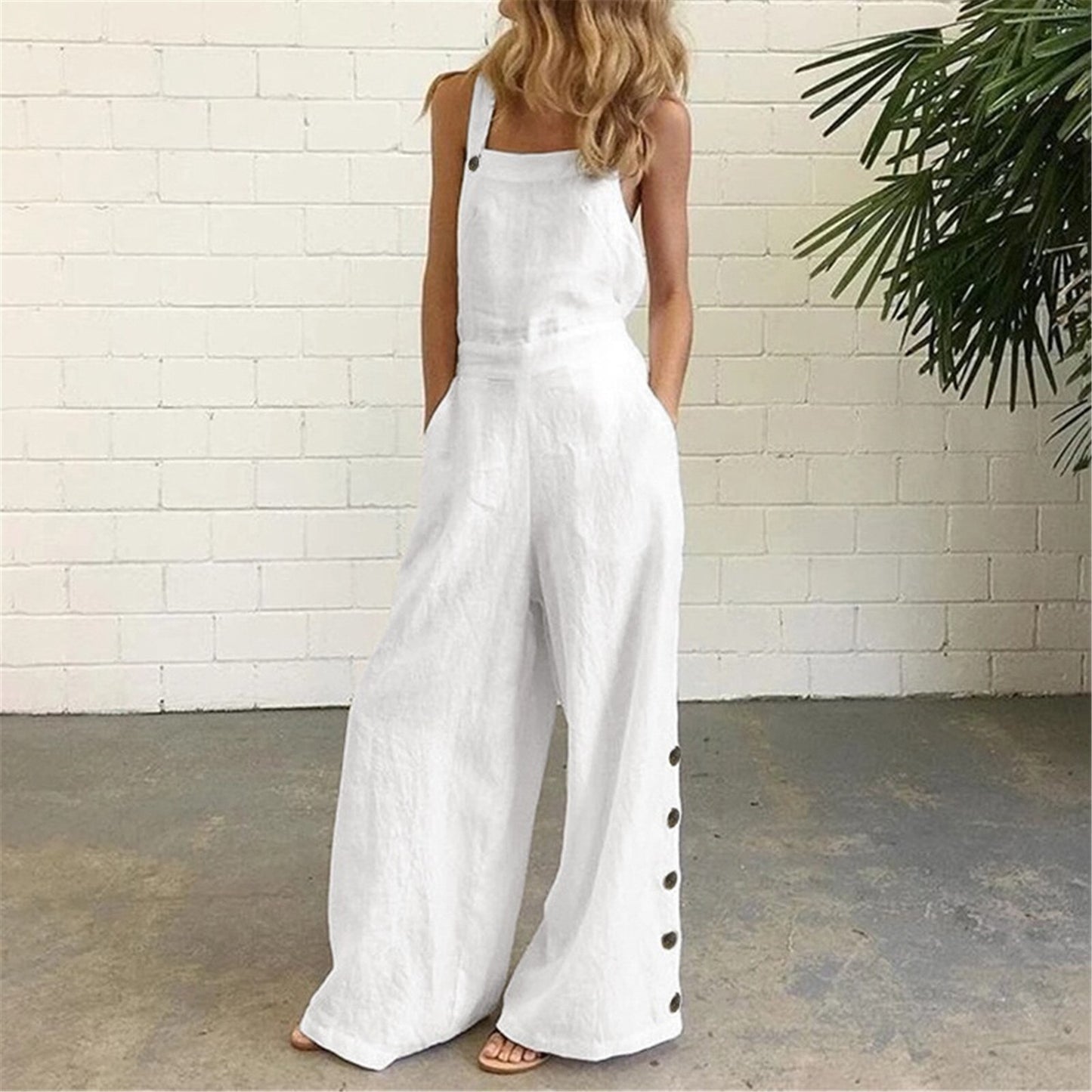 Sleeveless Overalls Jumpsuit Casual Solid Wide Leg Bib Pants Rompers