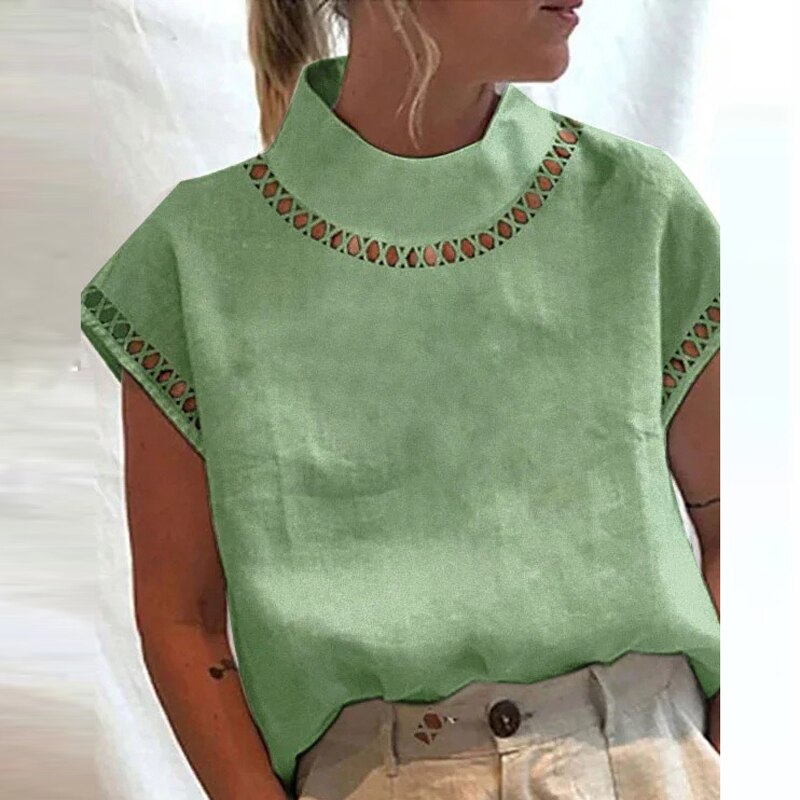 Solid Hollow Stand Collar T-Shirt, Casual Zipper Up Short Sleeve T-Shirt For Spring & Summer, Women's Clothing