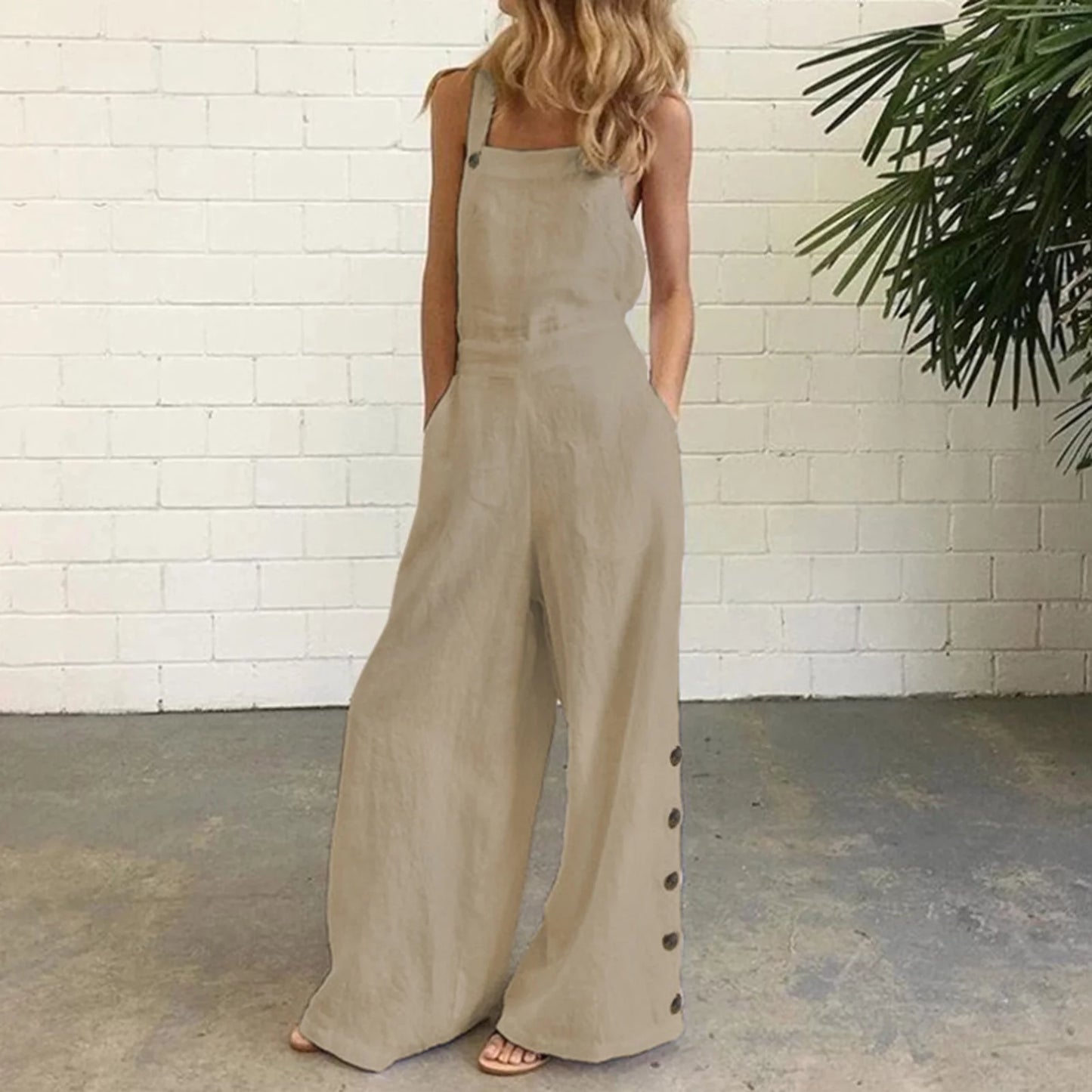 Sleeveless Overalls Jumpsuit Casual Solid Wide Leg Bib Pants Rompers