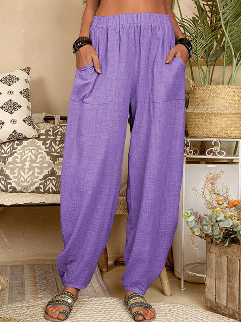 Spring & Summer Linen Harem Pants - Elastic Waistband with Pockets