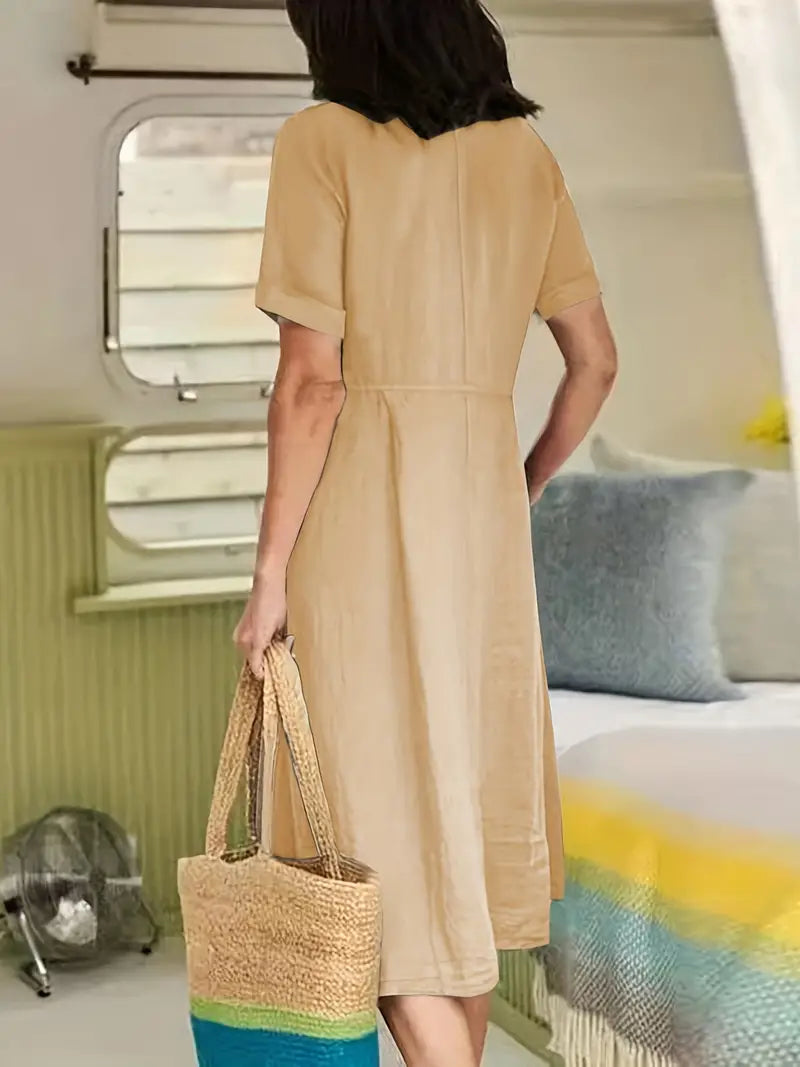 Solid Color Loose High Waist Cotton Linen Dress