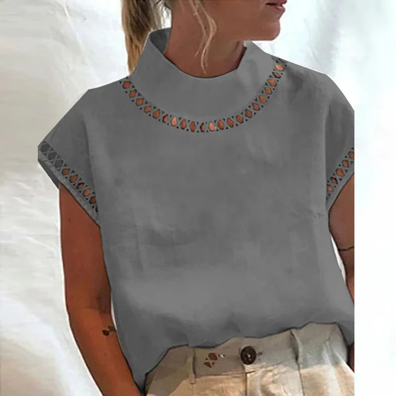 Solid Hollow Stand Collar T-Shirt, Casual Zipper Up Short Sleeve T-Shirt For Spring & Summer, Women's Clothing